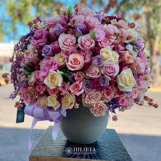 Romantic Multicolor Floral Arrangement on Decorative Base