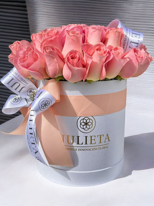 Elegant Peach Rose Arrangement in a White Cylindrical Box